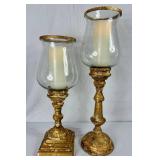 Pair of Distressed Gold Tabletop Hurricane Candle Holders with Matchless Candles