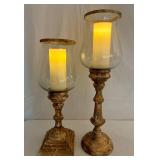 Pair of Distressed Gold Tabletop Hurricane Candle Holders with Matchless Candles