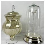 Pottery Barn Accents Cloche Jewelry Display plus Large Silver Mercury Glass Container with Lid
