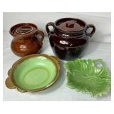 Vintage Green & Brown Pottery Bundle - Brown Bean Pots, Leaf Dish and Frankoma Pottery #30B Bowl