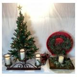 Holiday Decorating Bundle - 4ft Pre-Lit Christmas Tree, Wreath, Candelabra Three Arm Centerpiece, Candle Wreath Centerpiece and Red Holiday Truck