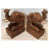 Vintage Hand Carved Wooden Elephant Bookends 9" H x 3.75" W x 5.5" D