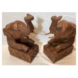 Vintage Hand Carved Wooden Elephant Bookends 9" H x 3.75" W x 5.5" D