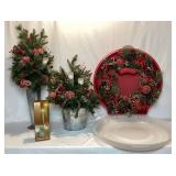Christmas Décor Collection - Two Arrangements, Holiday Wreath and Additional 10" Flameless Candlelight Cones
