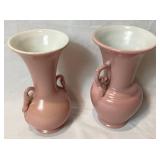 Pair of Pink Blush Abingdon Pottery Vases - 515 Leaf Handle and 517 Double Handle