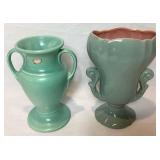 Red Wing Pottery #1053 Two Handled Green/Pink Interior Vase and Red Wing Pottery Double Handle Vase
