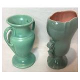 Red Wing Pottery #1053 Two Handled Green/Pink Interior Vase and Red Wing Pottery Double Handle Vase