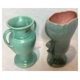 Red Wing Pottery #1053 Two Handled Green/Pink Interior Vase and Red Wing Pottery Double Handle Vase