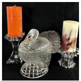 Vintage LE Smith Clear Glass Turkey Shaped Lidded Dish and Crystal Candle Holders with Seasonal Candles