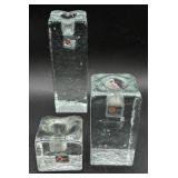 Set of 3 Blenko Block Ice Cube Clear Glass Candle Holders - Glows Green under UV Light