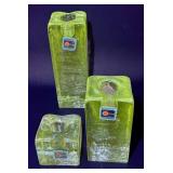 Set of 3 Blenko Block Ice Cube Clear Glass Candle Holders - Glows Green under UV Light
