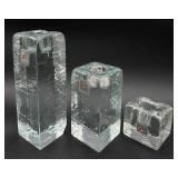 Set of 3 Blenko Block Ice Cube Clear Glass Candle Holders - Glows Green under UV Light