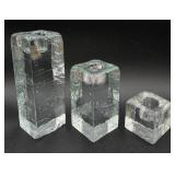 Set of 3 Blenko Block Ice Cube Clear Glass Candle Holders - Glows Green under UV Light