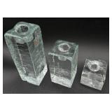 Set of 3 Blenko Block Ice Cube Clear Glass Candle Holders - Glows Green under UV Light