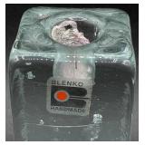 Set of 3 Blenko Block Ice Cube Clear Glass Candle Holders - Glows Green under UV Light