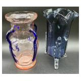 Hand Blown Art Glass Vases with Applied Feet and Handles