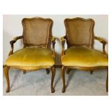 Pair of French Regency Style Fauteuil Armchairs with Cane Backs and Yellow Upholstered Seat