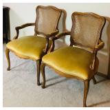Pair of French Regency Style Fauteuil Armchairs with Cane Backs and Yellow Upholstered Seat