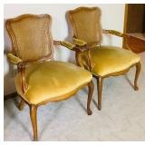 Pair of French Regency Style Fauteuil Armchairs with Cane Backs and Yellow Upholstered Seat