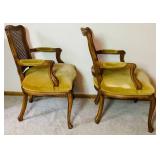 Pair of French Regency Style Fauteuil Armchairs with Cane Backs and Yellow Upholstered Seat