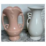 Vintage Abingdon Pink Double Handle Vase and Abington USA Pottery Art Deco Vase Off White