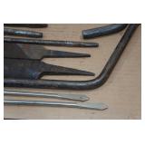 Assorted Pry Bars, Hooks, Files, and Lug Wrench Assorted Pry Bars, Hooks, Files, and Lug Wrench