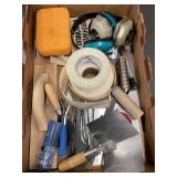 Box of Drywall and Plastering Hand Tools with Tapes, Sponge, and Respirator