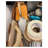 Box of Drywall and Plastering Hand Tools with Tapes, Sponge, and Respirator