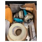 Box of Drywall and Plastering Hand Tools with Tapes, Sponge, and Respirator