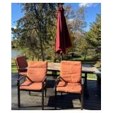 D - Outdoor Dining Table with 3 Cushioned Chairs and Umbrella