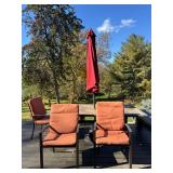 D - Outdoor Dining Table with 3 Cushioned Chairs and Umbrella