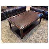 LR - Faux Leather Sofa, Loveseat, Coffee Table with Surface Wear, and Rug Set