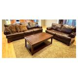 LR - Faux Leather Sofa, Loveseat, Coffee Table with Surface Wear, and Rug Set
