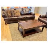 LR - Faux Leather Sofa, Loveseat, Coffee Table with Surface Wear, and Rug Set