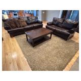 LR - Faux Leather Sofa, Loveseat, Coffee Table with Surface Wear, and Rug Set