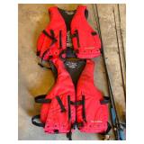 G - Fishing Gear Lot with 2 Field & Stream Life Jackets, 4 Rods with Reels, and Net