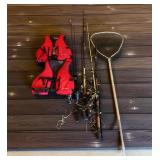 G - Fishing Gear Lot with 2 Field & Stream Life Jackets, 4 Rods with Reels, and Net