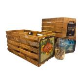 G - Vintage Wooden Fruit Crates with Vintage Labels and Jar of Wooden Clothespins