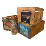 G - Vintage Wooden Fruit Crates with Vintage Labels and Jar of Wooden Clothespins