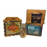 G - Vintage Wooden Fruit Crates with Vintage Labels and Jar of Wooden Clothespins