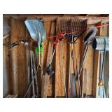 S - Group of Garden Tools Including Shovels, Rakes, Hedge Trimmer, and Pruner