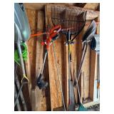 S - Group of Garden Tools Including Shovels, Rakes, Hedge Trimmer, and Pruner
