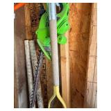 S - Group of Garden Tools Including Shovels, Rakes, Hedge Trimmer, and Pruner