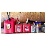 S - Group of Empty Gas Cans and Assorted Automotive Oil Containers
