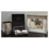 LR - Home Decor Lot with Framed Sea Life Art, Metal Vase, Baskets, and Shell Accents