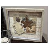 LR - Home Decor Lot with Framed Sea Life Art, Metal Vase, Baskets, and Shell Accents
