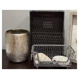 LR - Home Decor Lot with Framed Sea Life Art, Metal Vase, Baskets, and Shell Accents