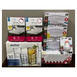 LR - Household Lot with LED Light Bulbs, Mattress Protectors, and Anchor 16-Pc Glass Set