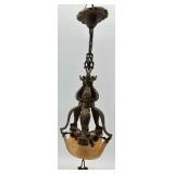 Pair of Antique Art Deco Ornate Cast Metal Ceiling Chandeliers with Glass Shade Pair of Antique Art Deco Ornate Cast Metal Ceiling Chandeliers with Glass Shade