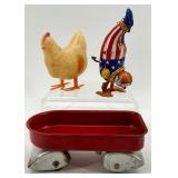 Vintage J. Chein Clown Wind-Up Tin Toy, Plastic Hen with Eggs, and Red Metal Wagon Vintage J. Chein Clown Wind-Up Tin Toy, Plastic Hen with Eggs, and Red Metal Wagon